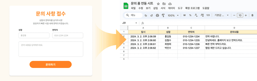 문의 폼 연동 예시